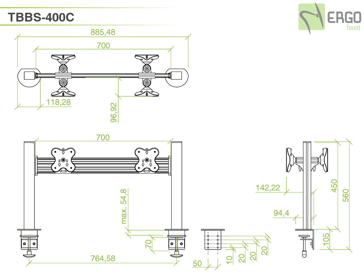 Настольное крепление back-to-back для 4 мониторов ErgoFount TBBS-400C