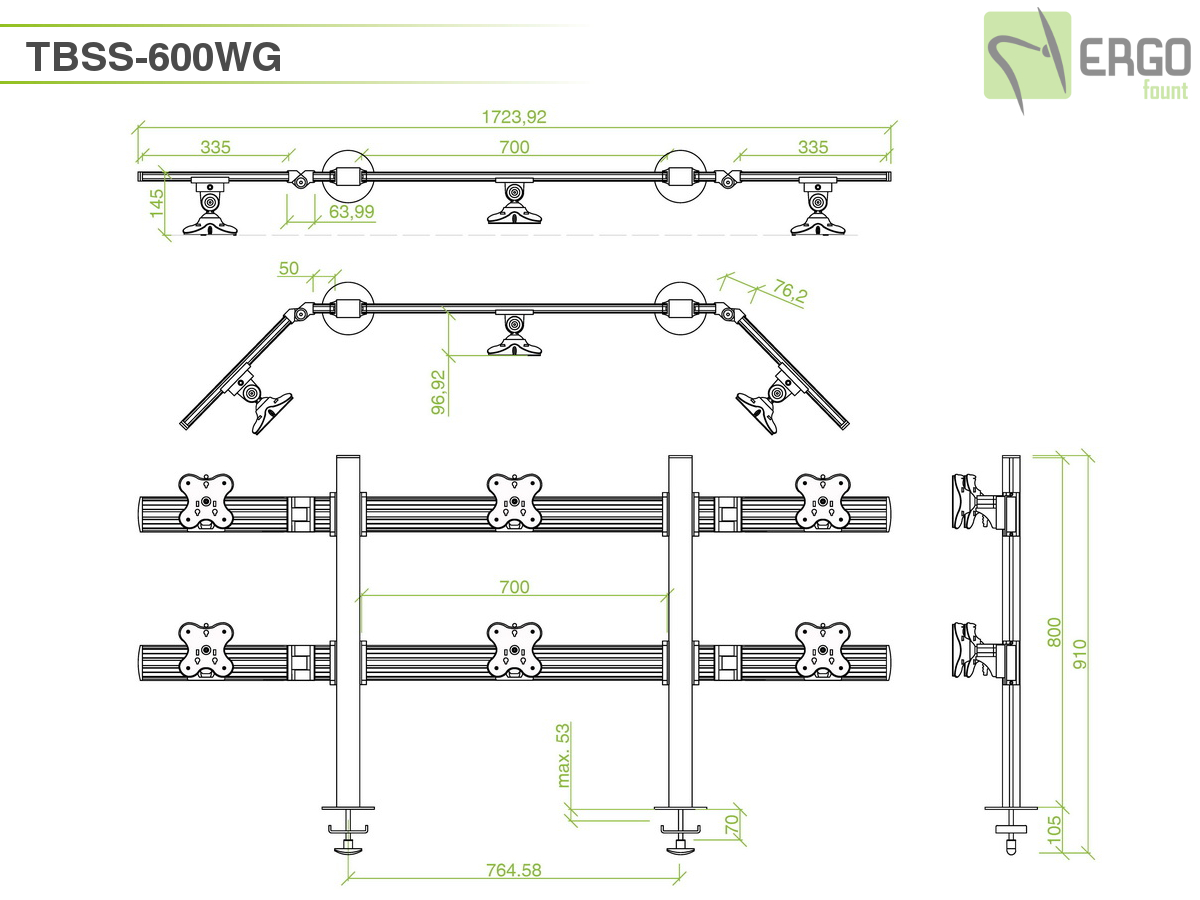 Настольное крепление для 6 мониторов ErgoFount TBSS-600WG
