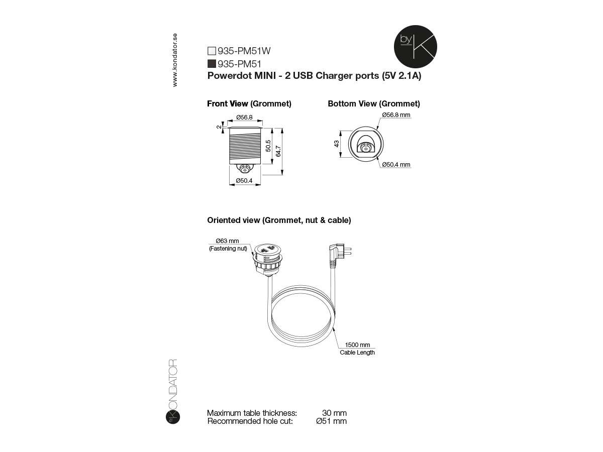 Встраиваемая зарядная станция на 2 USB Kondator 935-PM51 black
