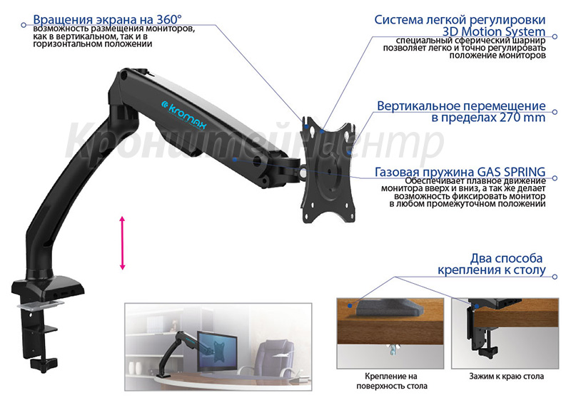 кронштейн для монитора с газлифтом kromax office-8